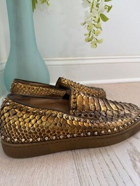 Christian Louboutin Gold Metallic Snakeskin Studded Loafers